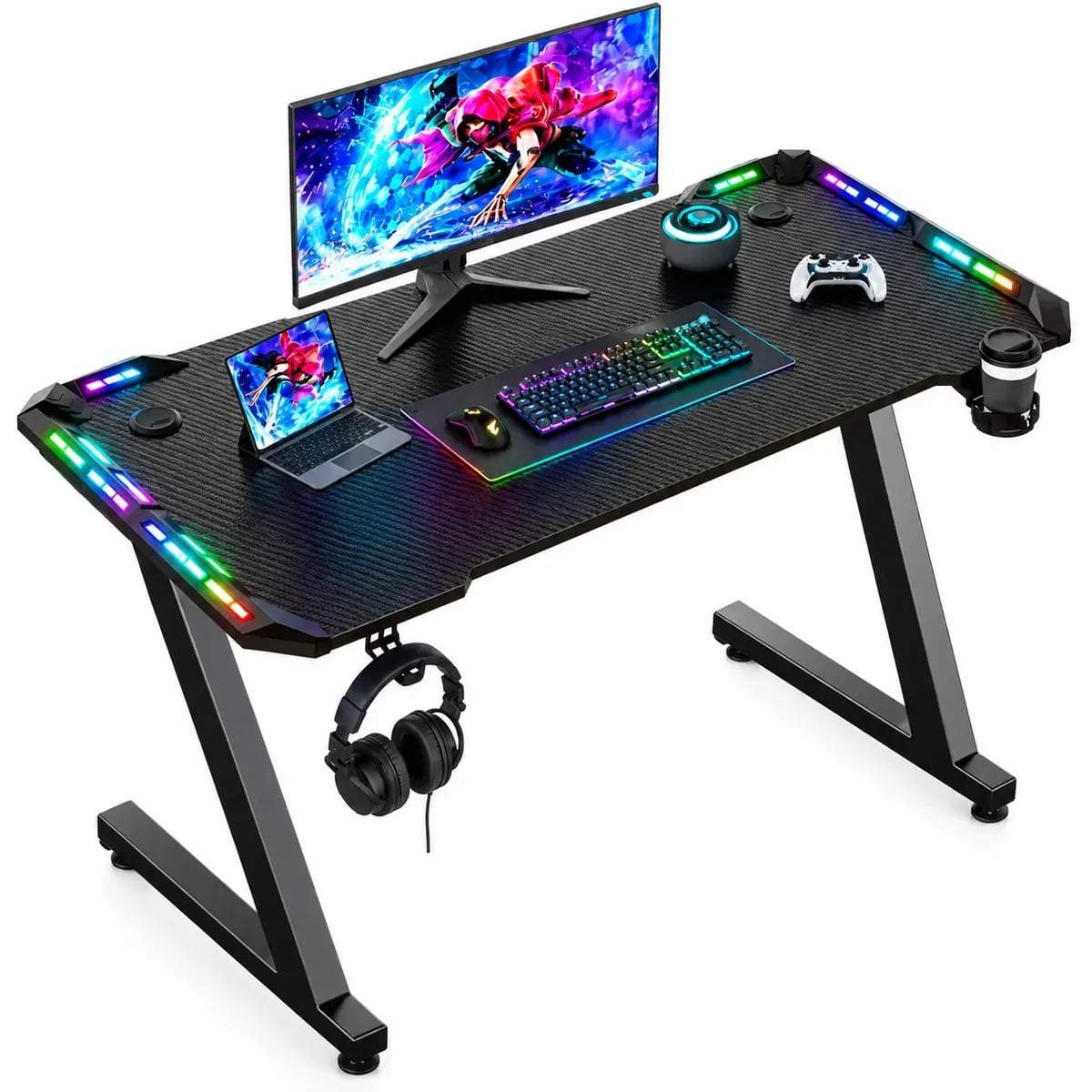 Escritorio Gamer 120cm Mesa Led RGB Soporte Audífonos Vaso
